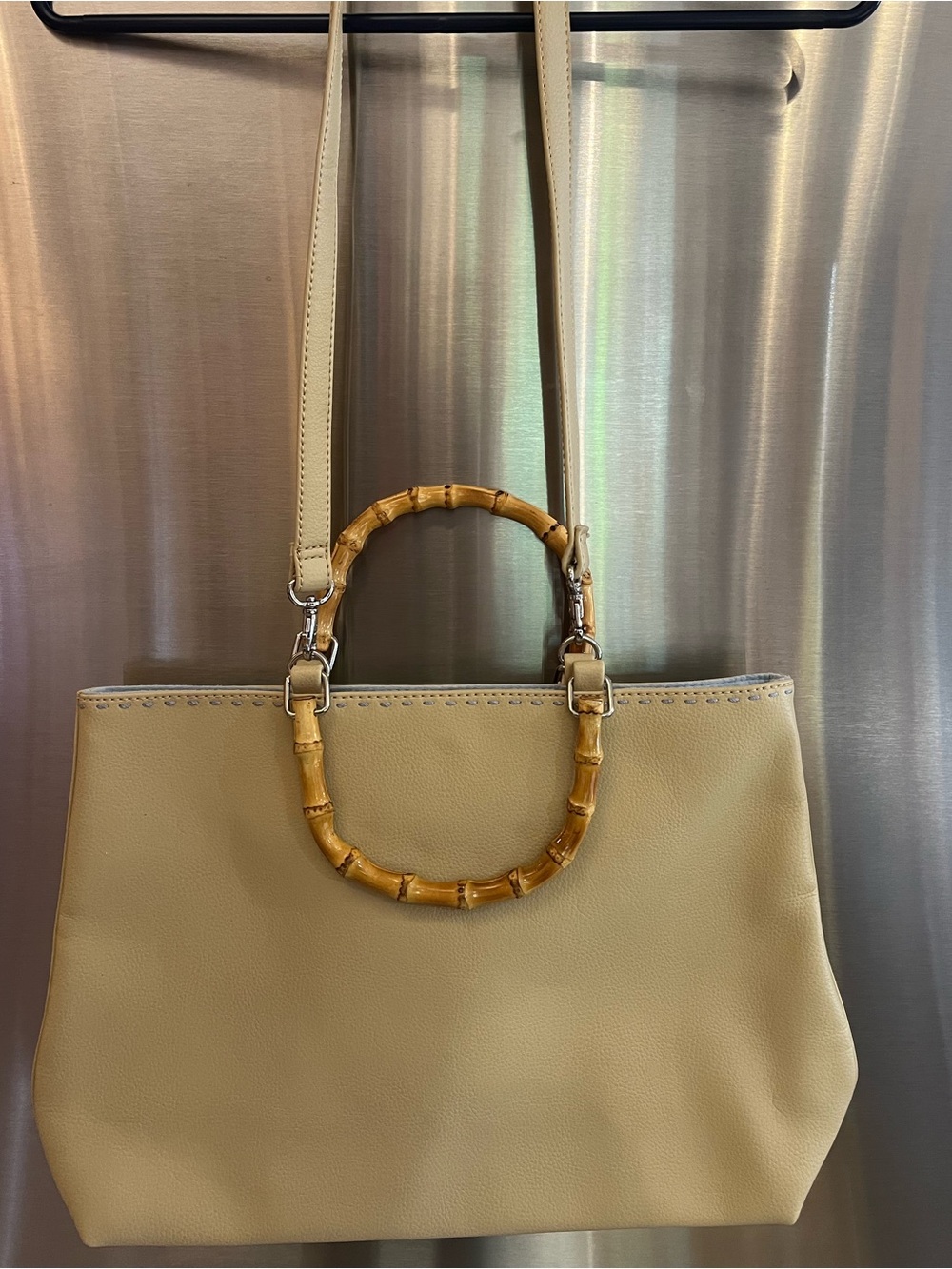 Liz Claiborne Beige Leather Tote, Bamboo Ring Handles, crossbody strap. NWOT